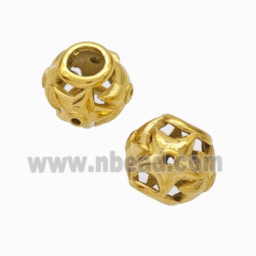 Titanium Steel Round Beads Large Hole Hollow Flower Gold Plated