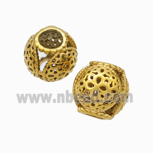 Titanium Steel Round Beads Large Hole Hollow Gold Plated