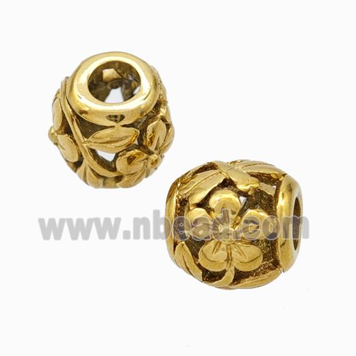 Titanium Steel Barrel Beads Large Hole Hollow Flower Gold Plated