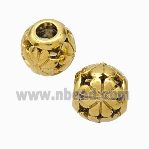 Titanium Steel Round Beads Large Hole Hollow Flower Gold Plated