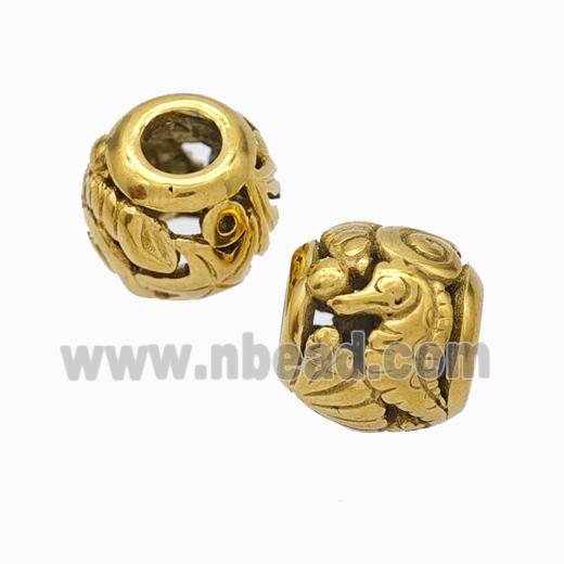 Titanium Steel Round Beads Large Hole Hollow Seahorse Gold Plated