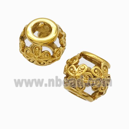 Titanium Steel Round Beads Large Hole Hollow Flower Gold Plated