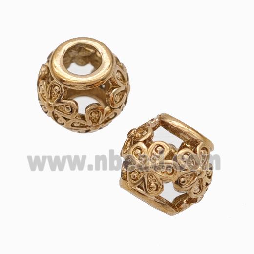 Titanium Steel Round Beads Large Hole Hollow Flower Rose Gold