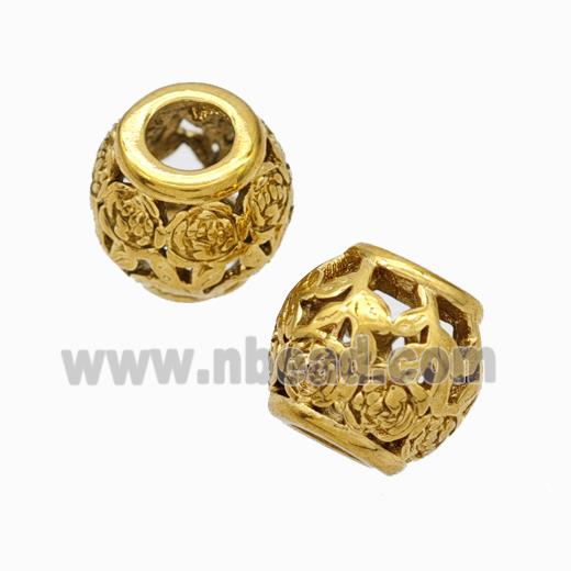 Titanium Steel Round Beads Large Hole Hollow Flower Gold Plated