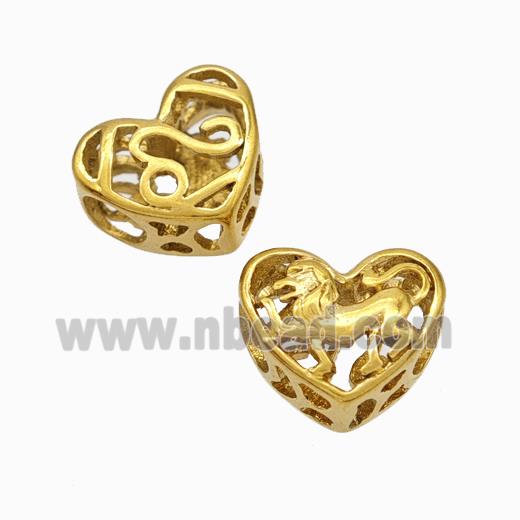 Titanium Steel Heart Beads Zodiac Leo Large Hole Hollow Gold Plated