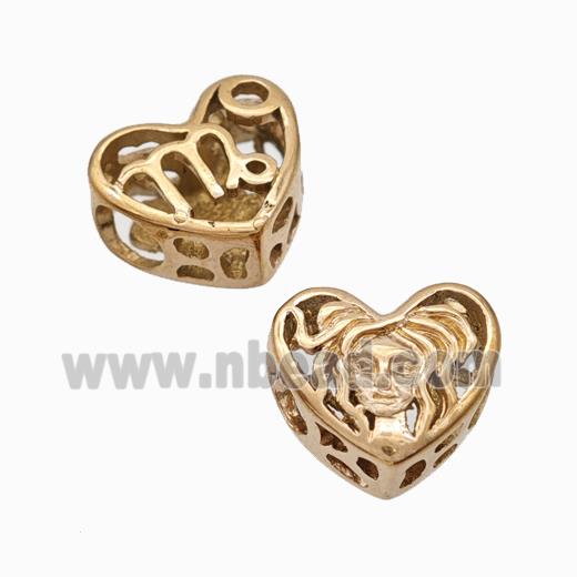 Titanium Steel Heart Beads Zodiac Virgo Large Hole Hollow Rose Gold