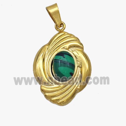 Stainless Steel Flower Pendant Pave Synthetic Malachite Gold Plated