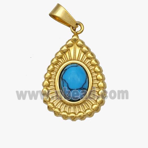 Stainless Steel Teardrop Pendant Pave Blue Howlite Gold Plated