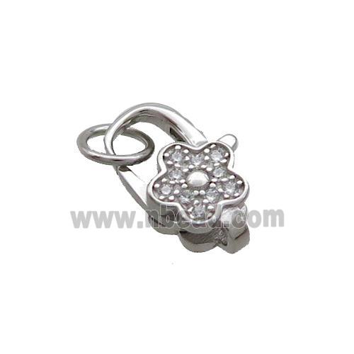 Sterling Silver Lobster Clasp Pave Zircon Flower Platinum Plated