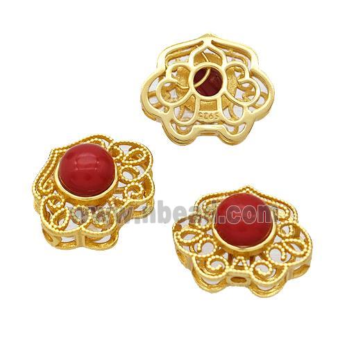 925 Sterling Silver Beads Pave Coral Gold Plated