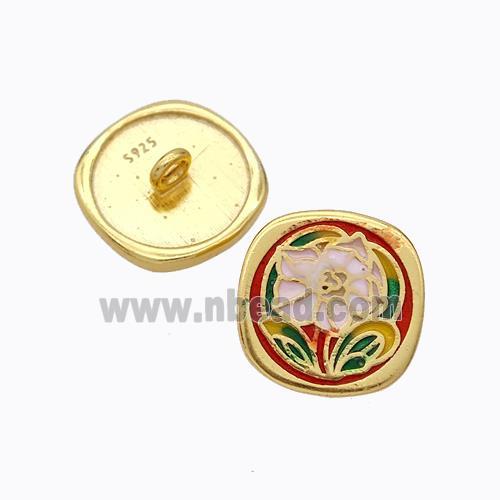 925 Sterling Silver Button Beads Flower Enamel Gold Plated