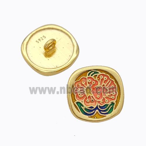 925 Sterling Silver Button Beads Flower Enamel Gold Plated