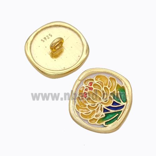 925 Sterling Silver Button Beads Flower Enamel Gold Plated