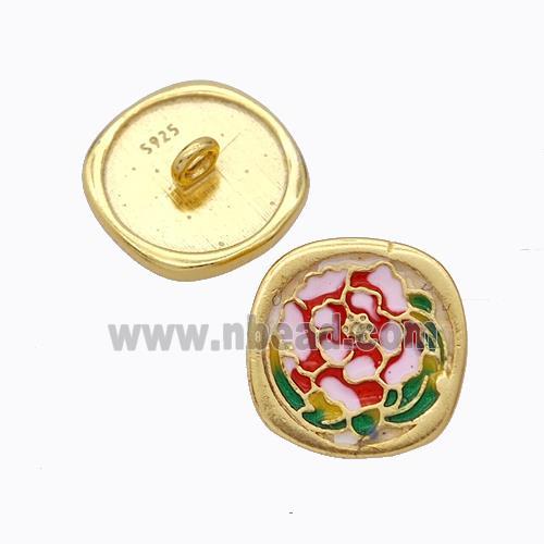 925 Sterling Silver Button Beads Flower Enamel Gold Plated