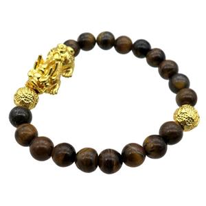 Tiger eye stone Bracelet with Pixiu, stretchy, approx 8mm dia