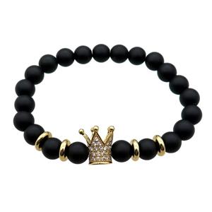 black matte Onyx Agate Bracelet with crown, stretchy, approx 8mm dia