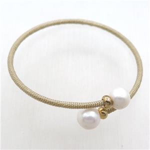 copper Bangle with Pearl, beige fabric wrapped, approx 2.5mm, 10mm, 55mm dia