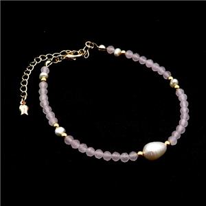 Rose Quartz Bracelet With Pearl, approx 7-8mm, 3.5-4mm, 17-22cm length