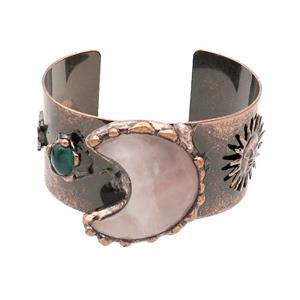 Copper Bangle Pave Gemstone Antique Red Rose Quartz Mooon, approx 35mm, 50-60mm