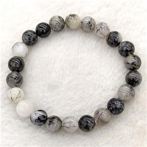 Natural Black Rutilated Quartz Bracelet Round Stretchy, approx 8mm