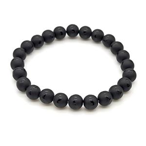 Natural Black Onyx Agate Bracelet Smooth Round Wave Stretchy, approx 8mm