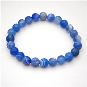 Natural Stripe Agate Bracelet Blue Dye Smooth Round Stretchy, approx 8mm