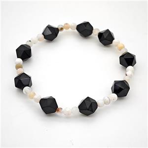 Black Onyx Agate Bracelet Faceted Round Stretchy, approx 10mm