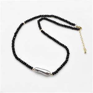 Black Onyx Agate Necklace With Pearl Faceted Rondelle, approx 8-20mm, 4mm, 38-43cm length