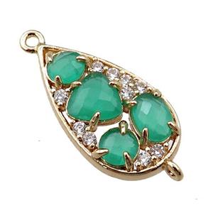 copper teardrop connector paved zircon with green crystal glass, hollow, gold plated, approx 12-22mm