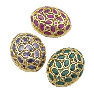 copper oval beads pave zircon, hollow, mixed, gold plated, approx 20-26mm