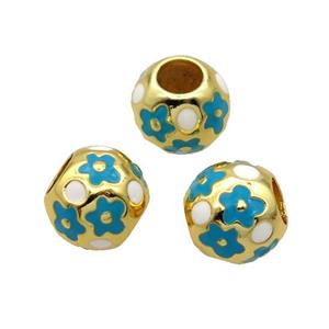 Copper Round Beads White Teal Enamel Large Hole Gold Plated, approx 10mm, 5mm hole