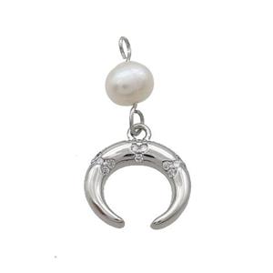 Copper Crescent Pendant Pave Zircon With Pearl Platinum Plated, approx 11-12mm, 6mm