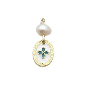 Copper Flower Pendant With Pearl White Enamel Oval Gold Plated, approx 8-12mm, 6mm