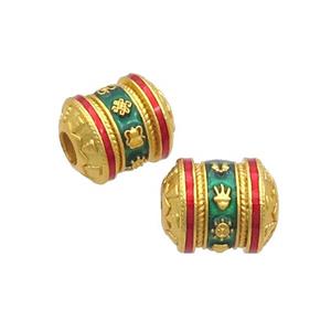 Copper Tube Beads Green Enamel Buddhist Large Hole Unfade Gold Plated, approx 11-13mm, 3mm hole