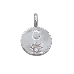 Copper Circle Pendant Pave Zircon C-letter Platinum Plated, approx 11.5mm