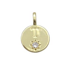 Copper Circle Pendant Pave Zircon T-letter Gold Plated, approx 11.5mm