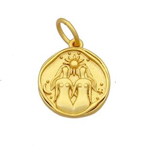 Copper Circle Pendant Zodiac Gemini 18K Gold Plated, approx 15mm