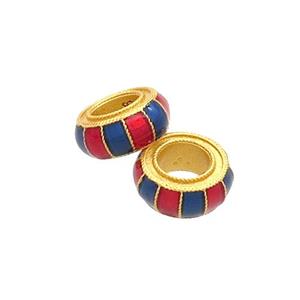 Copper Rondelle Beads Multicolor Cloisonne 18K Gold Plated Large Hole, approx 8mm, 4mm hole