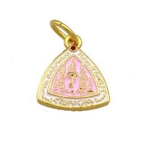 Copper Triangle Pendant Pink Cloisonne Buddhist 18K Gold Plated, approx 14mm