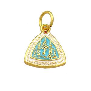 Copper Triangle Pendant Teal Cloisonne Buddhist 18K Gold Plated, approx 14mm