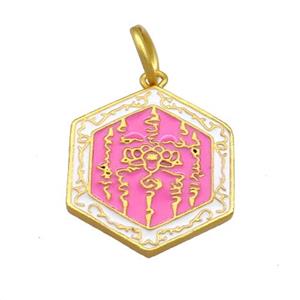 Copper Hexagon Pendant Hotpink Cloisonne Buddhist 18K Gold Plated, approx 17-19mm