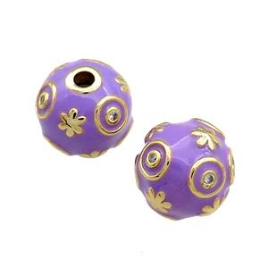 Copper Round Beads Pave Zircon Purple Enamel 18K Gold Plated, approx 14mm