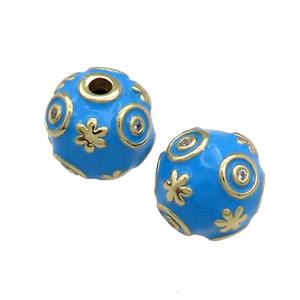 Copper Round Beads Pave Zircon Blue Enamel 18K Gold Plated, approx 14mm