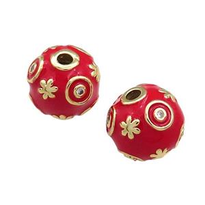 Copper Round Beads Pave Zircon Red Enamel 18K Gold Plated, approx 14mm