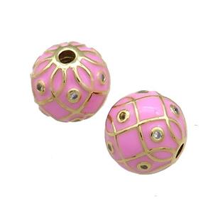 Copper Round Beads Pave Zircon Pink Enamel 18K Gold Plated, approx 14mm