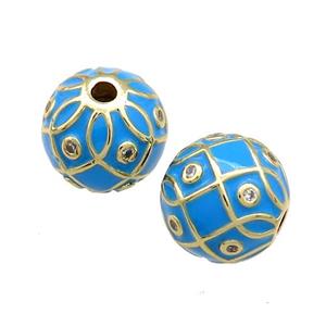 Copper Round Beads Pave Zircon Blue Enamel 18K Gold Plated, approx 14mm