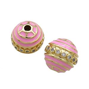 Copper Round Beads Pave Zircon Pink Enamel 18K Gold Plated, approx 14mm