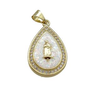 Copper Teardrop Pendant Pave Fire Opal Zircon Jesus 18K Gold, approx 15-20mm