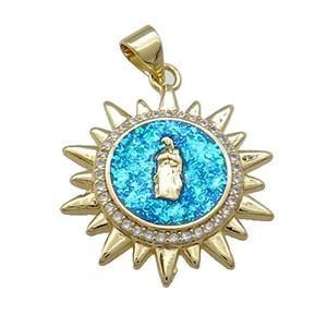 Copper Sun Charms Pendant Pave Fire Opal Zircon Jesus 18K Gold Plated, approx 22mm