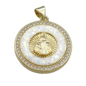 Copper Circle Pendant Pave Fire Opal Zircon Virgin Mary 18K Gold, approx 22mm